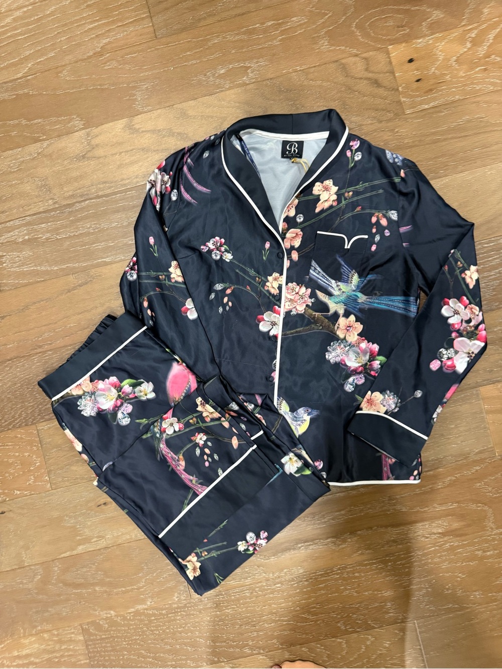 Ted Baker Navy Floral & Bird Satin Pajama Set with White Piping Trim